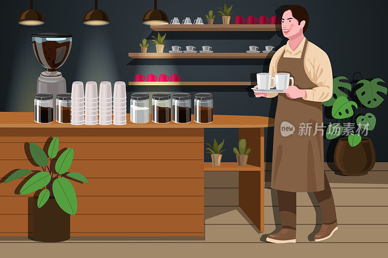 美丽的年轻人/咖啡师在咖啡中微笑提供咖啡Café，小型企业概念。